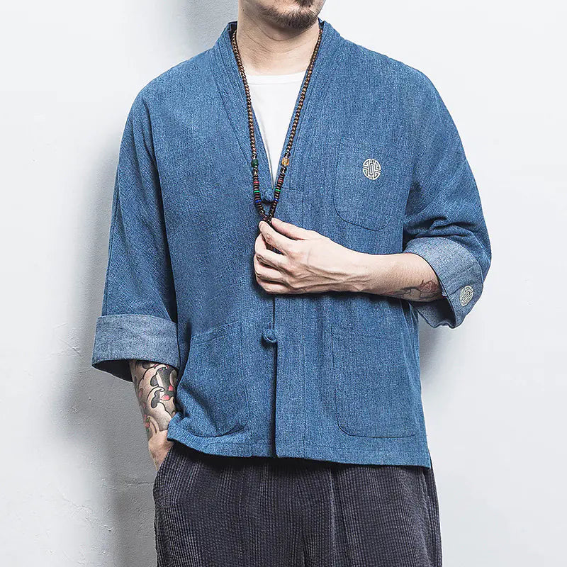 Chinese Style Men's Hanfu Open Front Denim Jacket