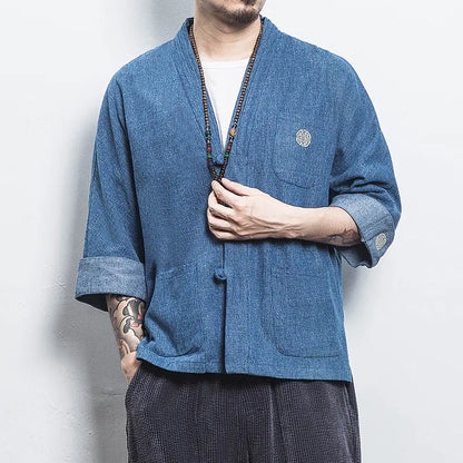 Chinese Style Men's Hanfu Open Front Denim Jacket