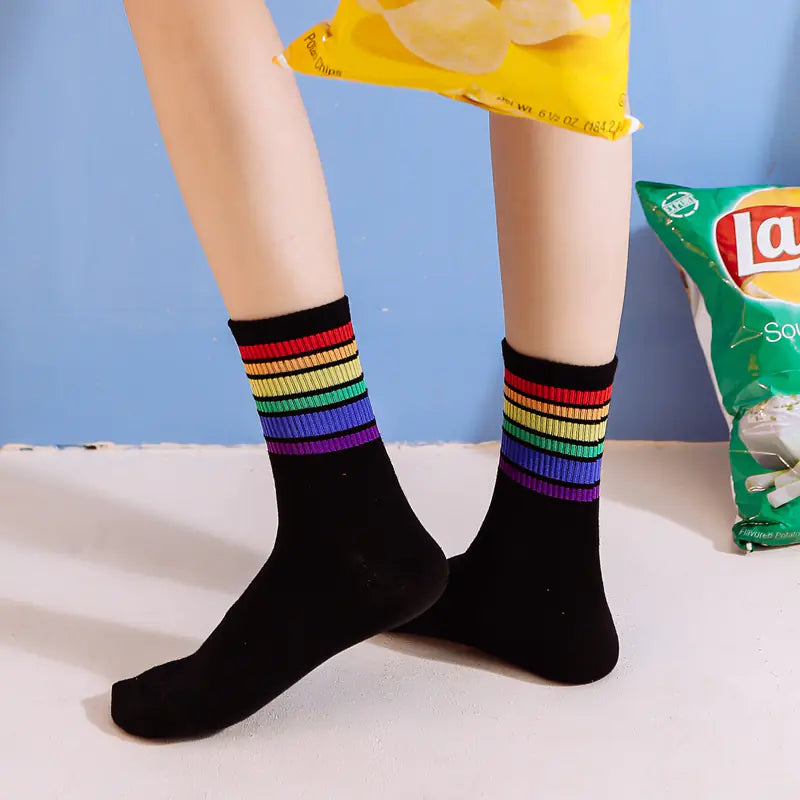 Unisex Colorful Stripes Mid Socks - Kawaii Rainbow (1 Pair)