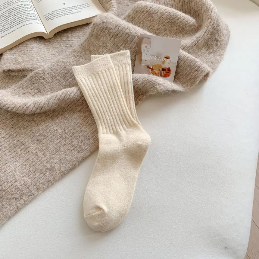 Thick Warm White Wool Mid-Calf Socks for Women