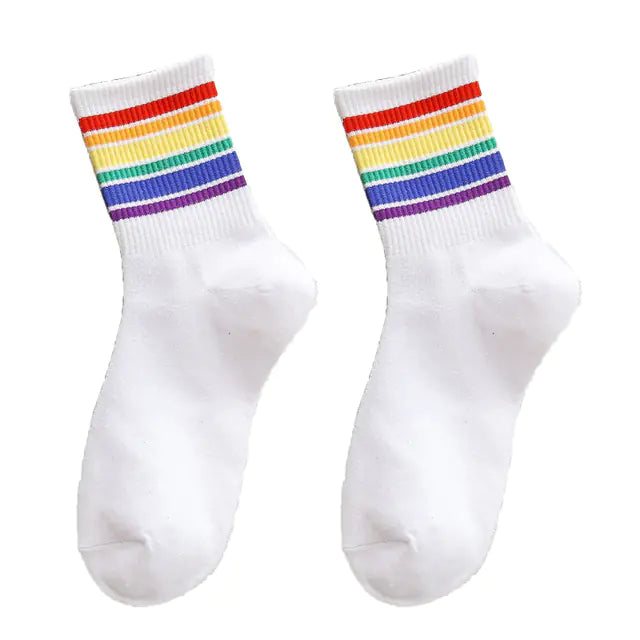 Unisex Colorful Stripes Mid Socks - Kawaii Rainbow (1 Pair)