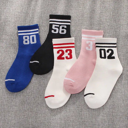Cotton Mid-Calf Socks with Stripes and Letters