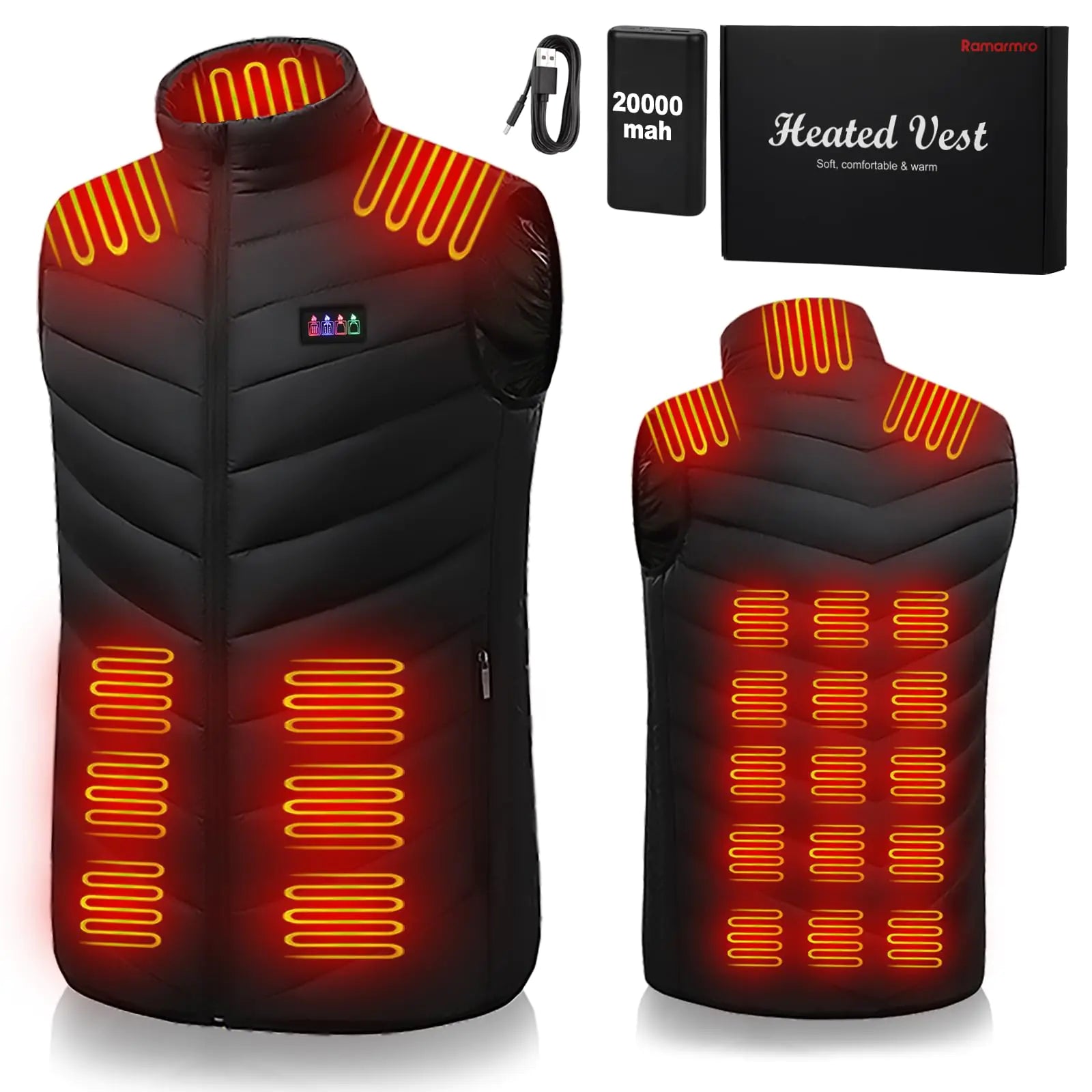 Ramarmro Heated Vest 26 Heating Zones Mens Heated Vest with 20000mah 7.4V Battery Pack WashableRechargeable