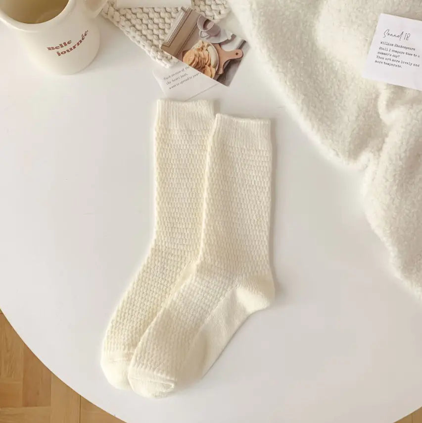 Thick Warm White Wool Mid-Calf Socks for Women