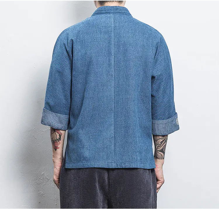 Chinese Style Men's Hanfu Open Front Denim Jacket