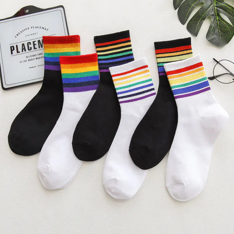 Unisex Colorful Stripes Mid Socks - Kawaii Rainbow (1 Pair)