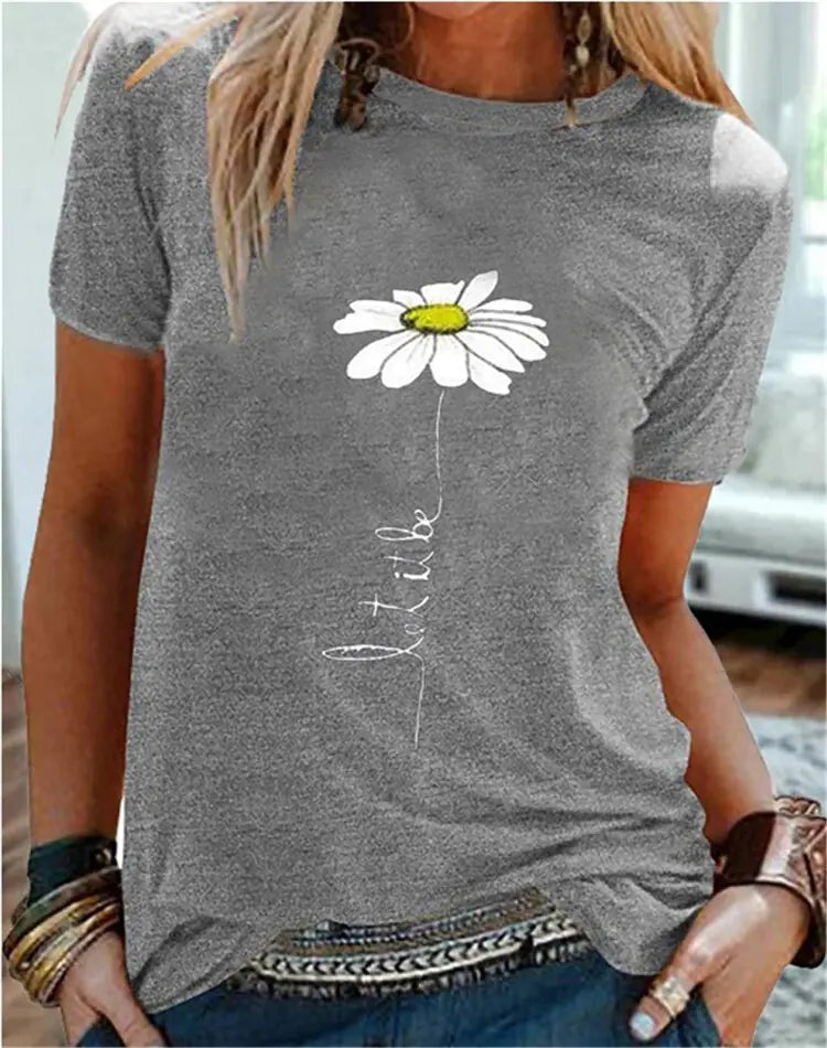 Women's Casual Daisy Print Short Sleeve T-Shirt