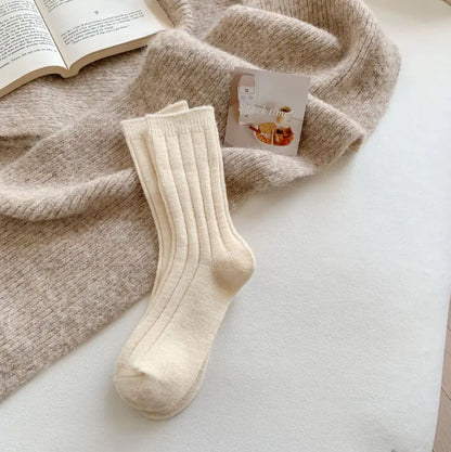 Thick Warm White Wool Mid-Calf Socks for Women