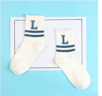 Cotton Mid-Calf Socks with Stripes and Letters