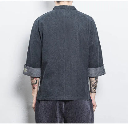 Chinese Style Men's Hanfu Open Front Denim Jacket