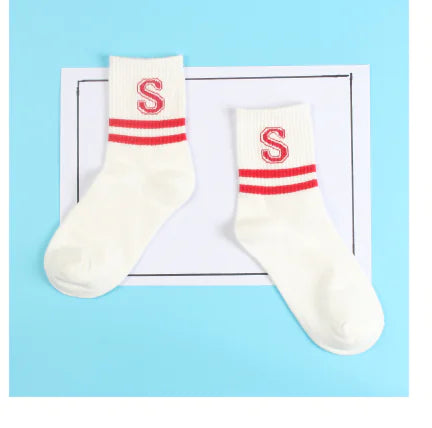 Cotton Mid-Calf Socks with Stripes and Letters