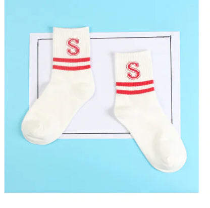 Cotton Mid-Calf Socks with Stripes and Letters