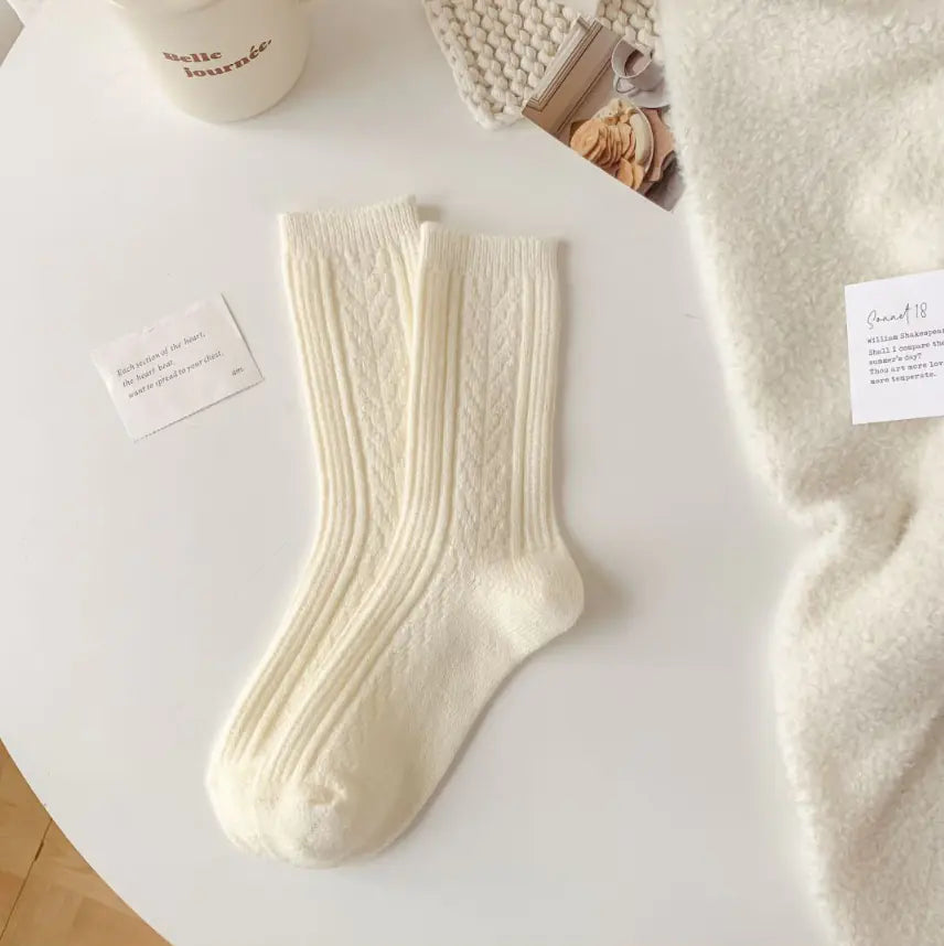 Thick Warm White Wool Mid-Calf Socks for Women