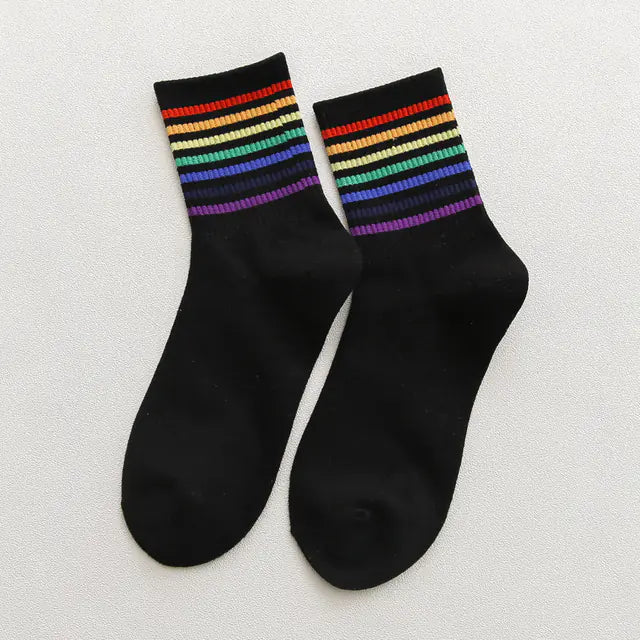Unisex Colorful Stripes Mid Socks - Kawaii Rainbow (1 Pair)