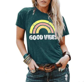 Women's Rainbow Good Vibes Print Short Sleeve T-Shirt
