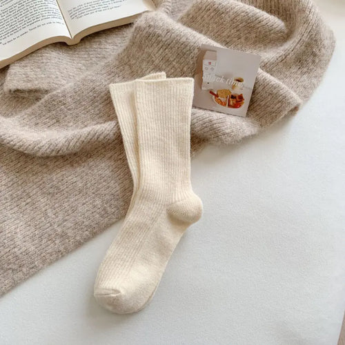 Thick Warm White Wool Mid-Calf Socks for Women