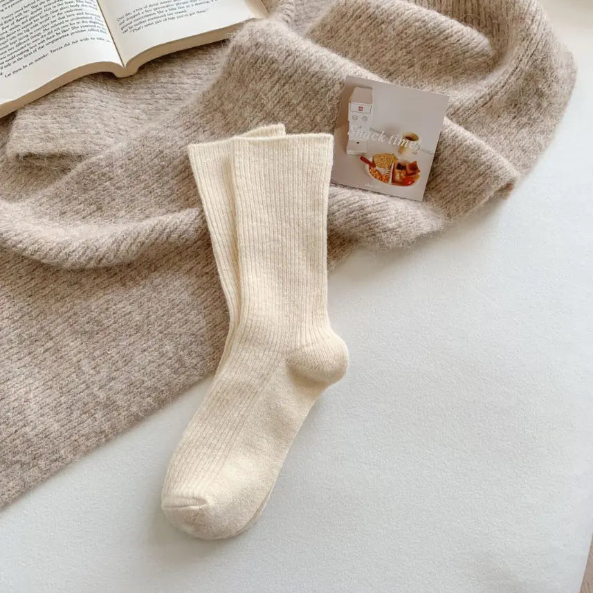 Thick Warm White Wool Mid-Calf Socks for Women