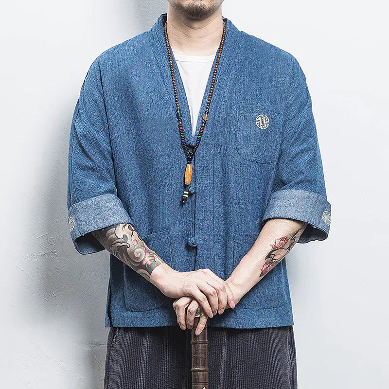Chinese Style Men's Hanfu Open Front Denim Jacket