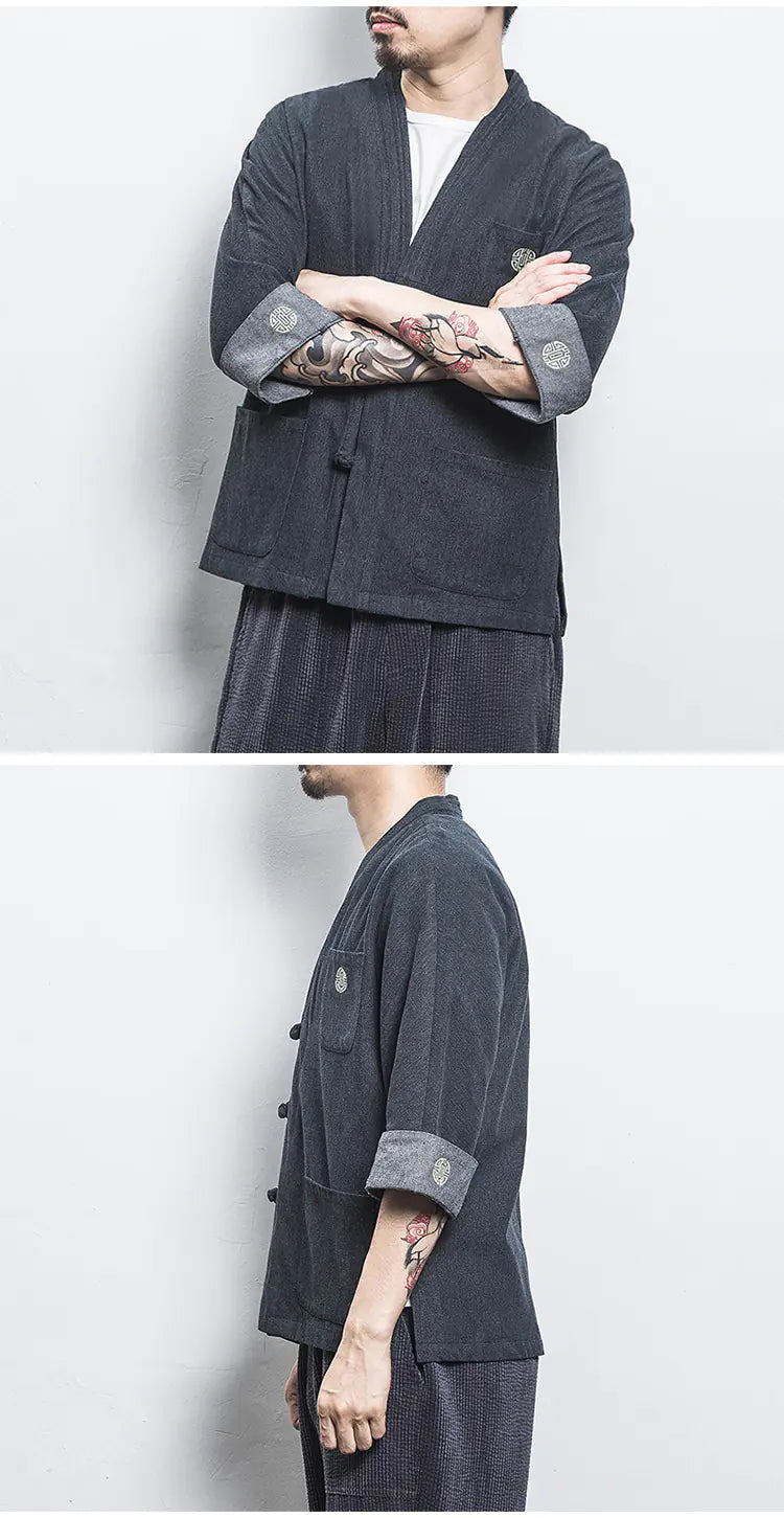 Chinese Style Men's Hanfu Open Front Denim Jacket