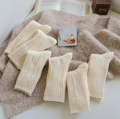 Thick Warm White Wool Mid-Calf Socks for Women