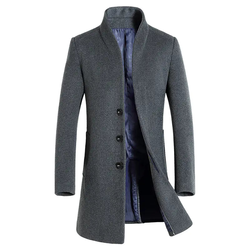 Men's Mid-Length Casual Woolen Stand-Collar Coat