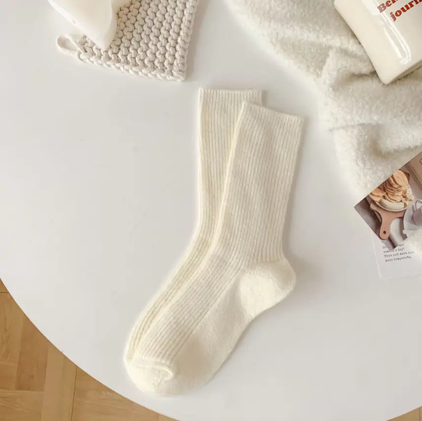 Thick Warm White Wool Mid-Calf Socks for Women