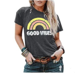 Women's Rainbow Good Vibes Print Short Sleeve T-Shirt
