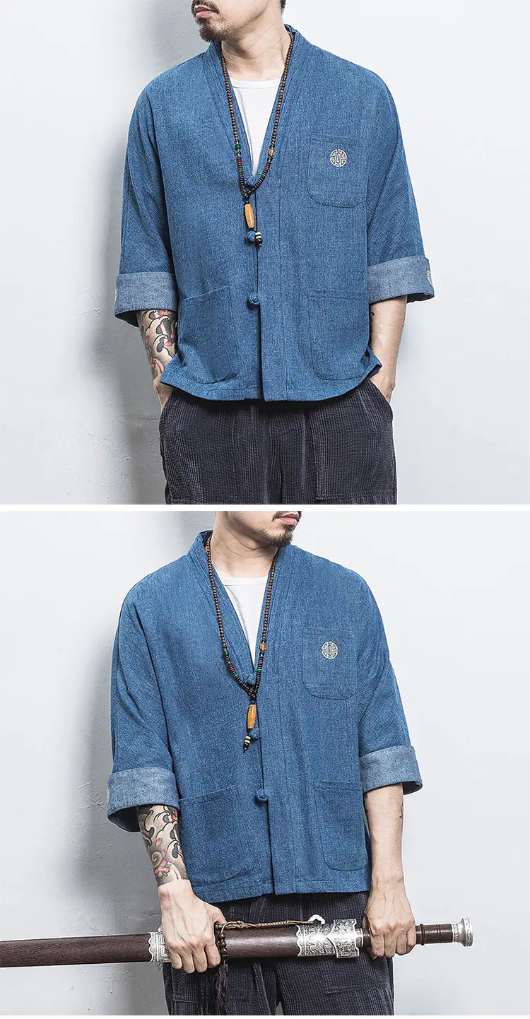 Chinese Style Men's Hanfu Open Front Denim Jacket