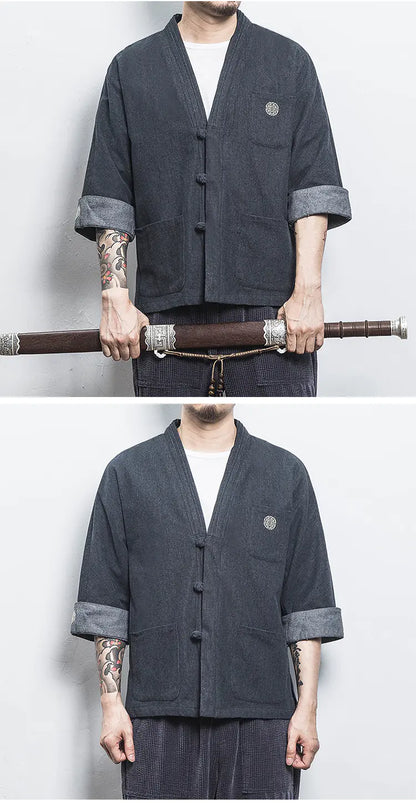 Chinese Style Men's Hanfu Open Front Denim Jacket