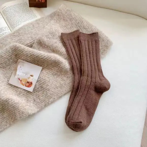 Thick Warm White Wool Mid-Calf Socks for Women