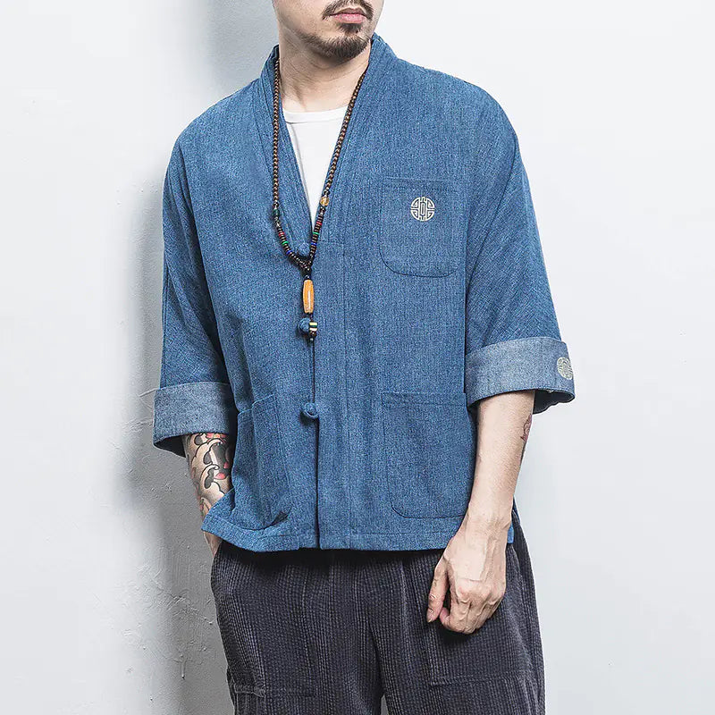 Chinese Style Men's Hanfu Open Front Denim Jacket