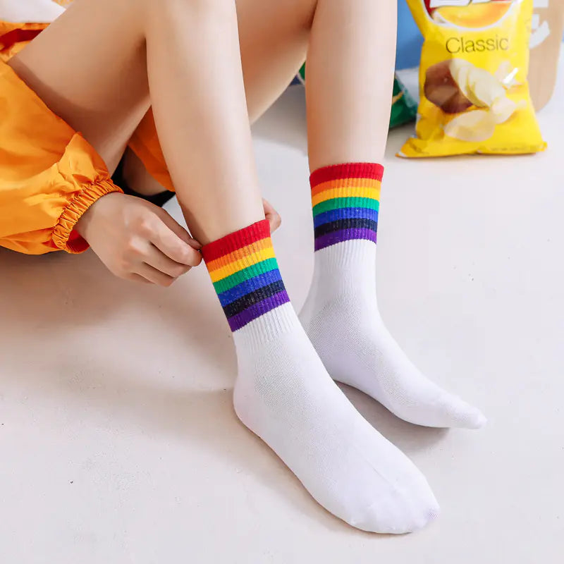 Unisex Colorful Stripes Mid Socks - Kawaii Rainbow (1 Pair)