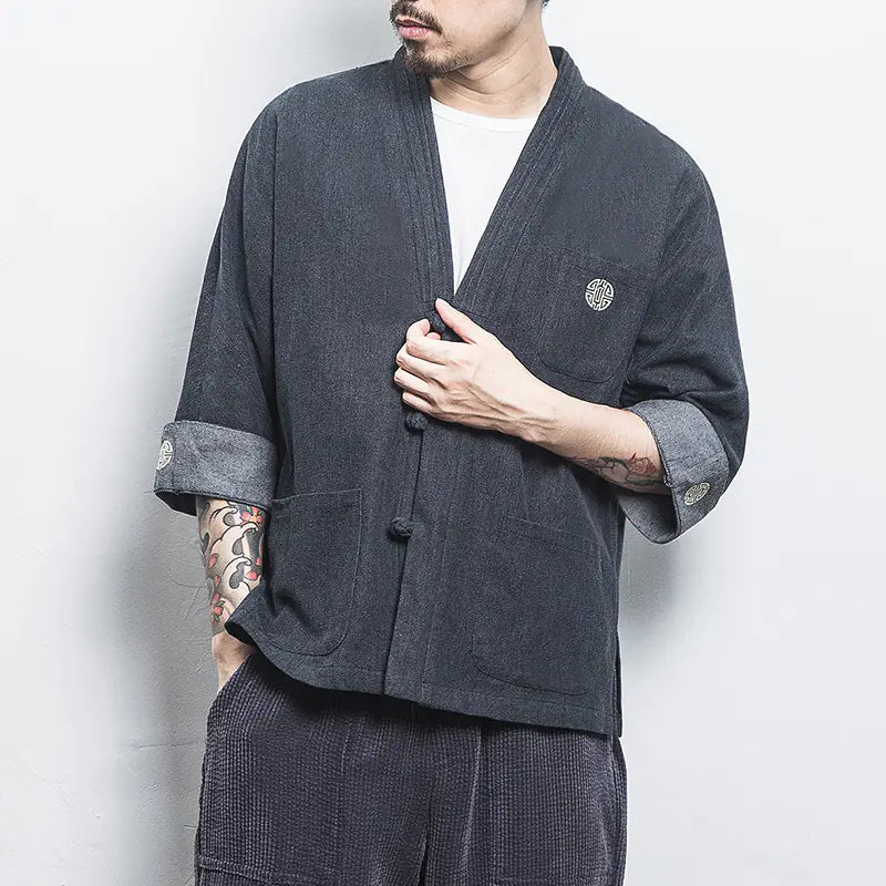 Chinese Style Men's Hanfu Open Front Denim Jacket