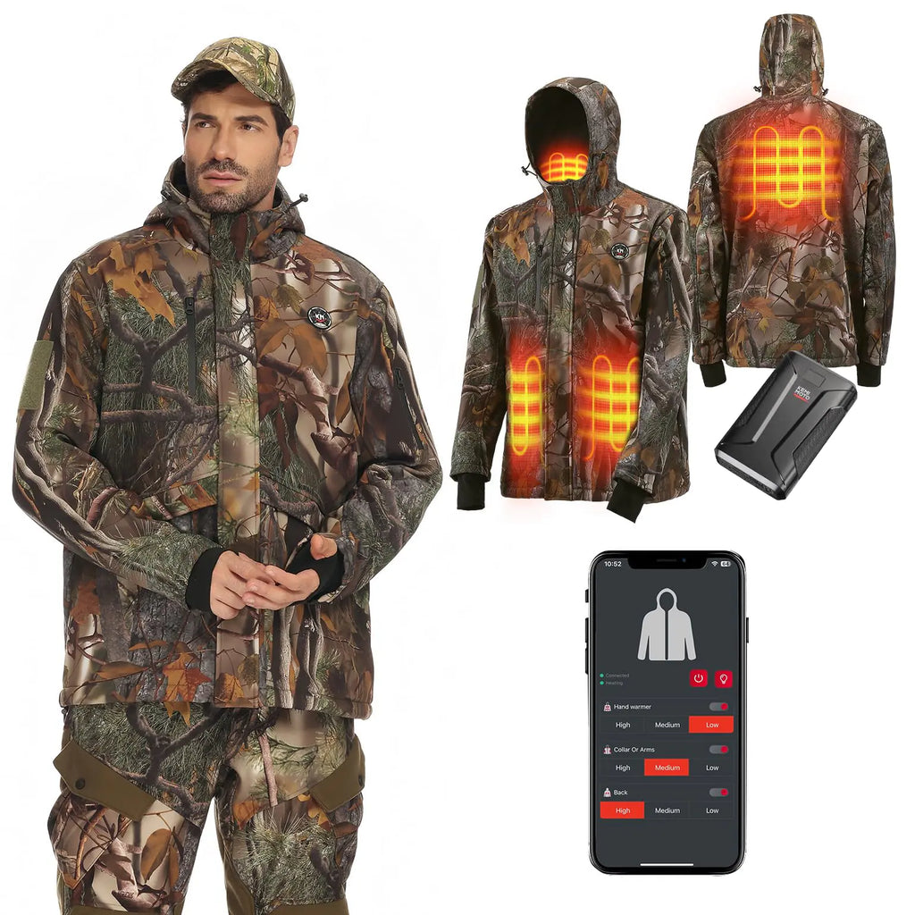 KEMIMOTO Hunting Heated Jacket with 20000mAh 6-15H Rechargeable Battery Pack Max Heating Temperature 149℉ Camo Heated Jacket