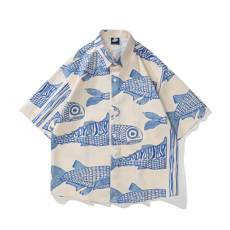 Men's Short Sleeve Casual Button Shirt Blue Fish