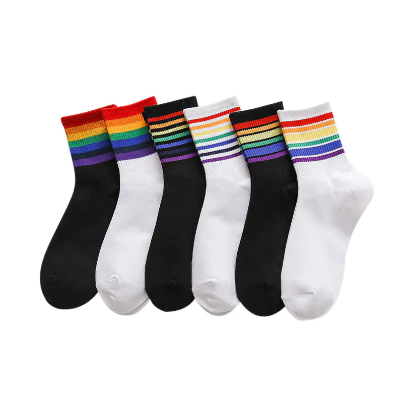 Unisex Colorful Stripes Mid Socks - Kawaii Rainbow (1 Pair)