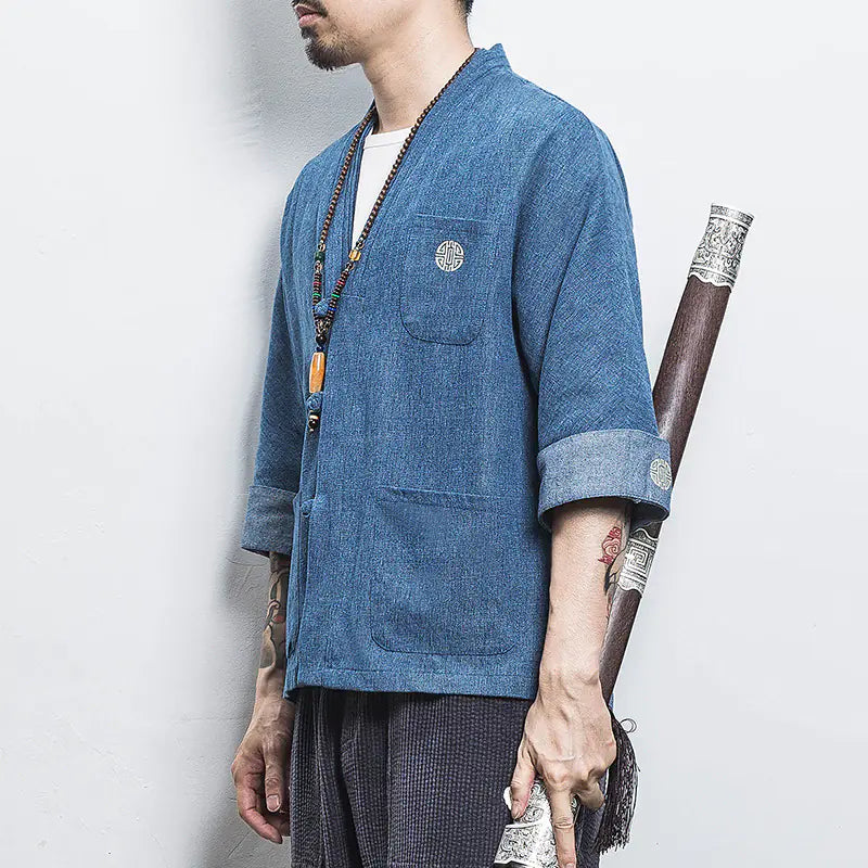 Chinese Style Men's Hanfu Open Front Denim Jacket