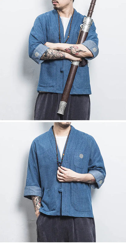 Chinese Style Men's Hanfu Open Front Denim Jacket