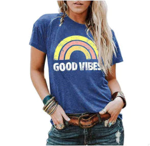 Women's Rainbow Good Vibes Print Short Sleeve T-Shirt