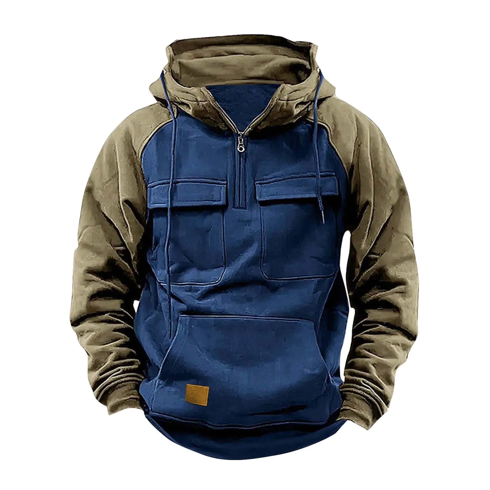 Men's Quarter Zip Cargo Pullover Hoodie Sweatshirt in Blue
