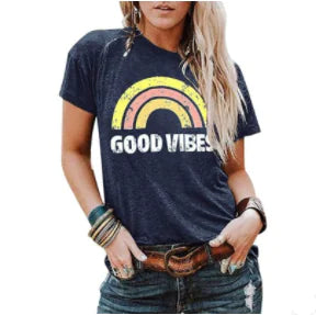 Women's Rainbow Good Vibes Print Short Sleeve T-Shirt