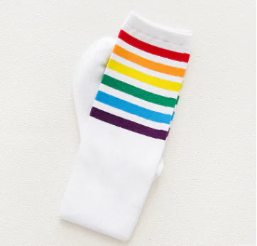 Colorful Rainbow Mid-Calf Cotton Socks for Slim Legs